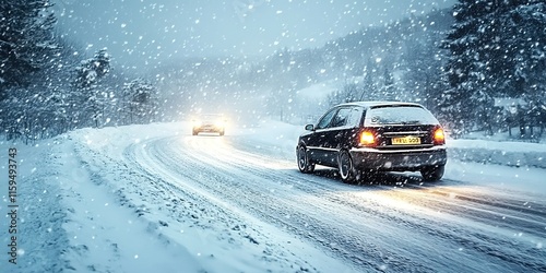  A car driving on a snowy road in winter, with heavy snowfall photo