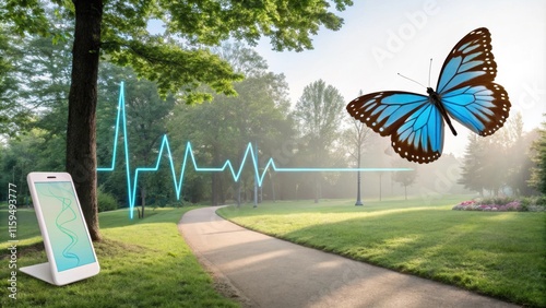 Smartphone displays a digital heartbeat visualization superimposed on a tranquil park scene, featuring a vibrant butterfly, symbolizing the connection between technology, nature, and well being