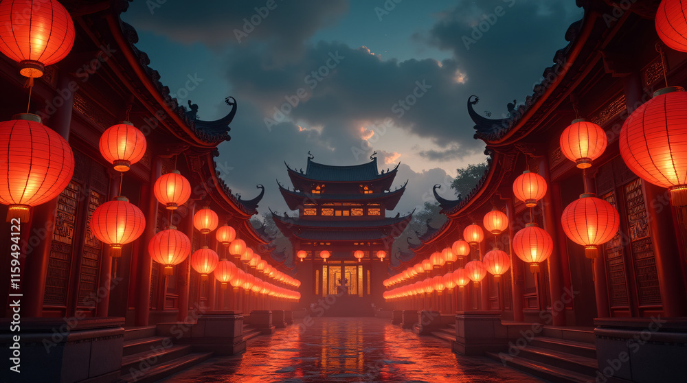 Fototapeta premium Asian temple illuminated with red lanterns at sunset for Chinese New Year.