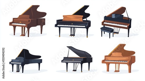 3D Cartoon Style Classic Grand Piano Set Isolated on White Background for Concert Music Design