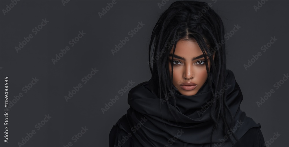 A model showcases innovative modular clothing with detachable sleeves and a stylish head wrap. The minimalist backdrop enhances the focus on the fabric and design details. A model showcases innovative modular clothing with detachable sleeves and a stylish head wrap. The minimalist backdrop enhances the focus on the fabric and design details.