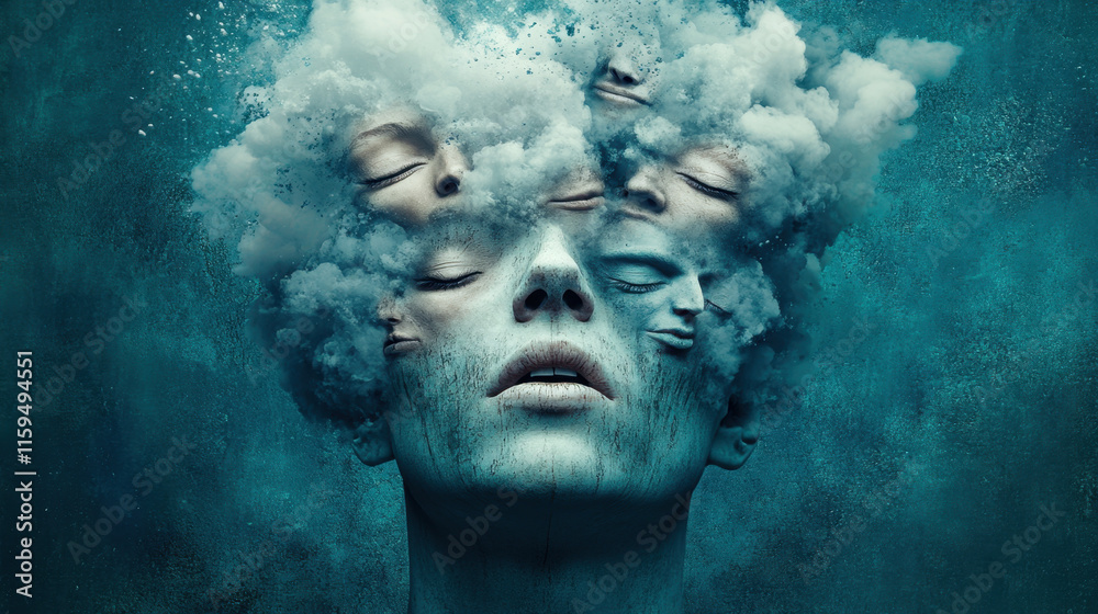 Dissociative identity disorder (DID), A surreal image featuring a head with grunge-style smoke rising, ideal for creative projects and artistic expressions. Dissociative identity disorder (DID), A surreal image featuring a head with grunge-style smoke rising, ideal for creative projects and artistic expressions.
