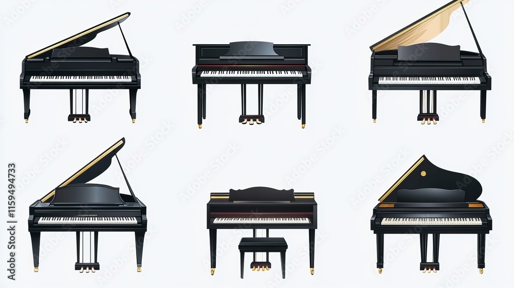 © Murad - Realistic Collection of Piano Keyboards with Black and White Keys, Artistic Melody and Sound Chords