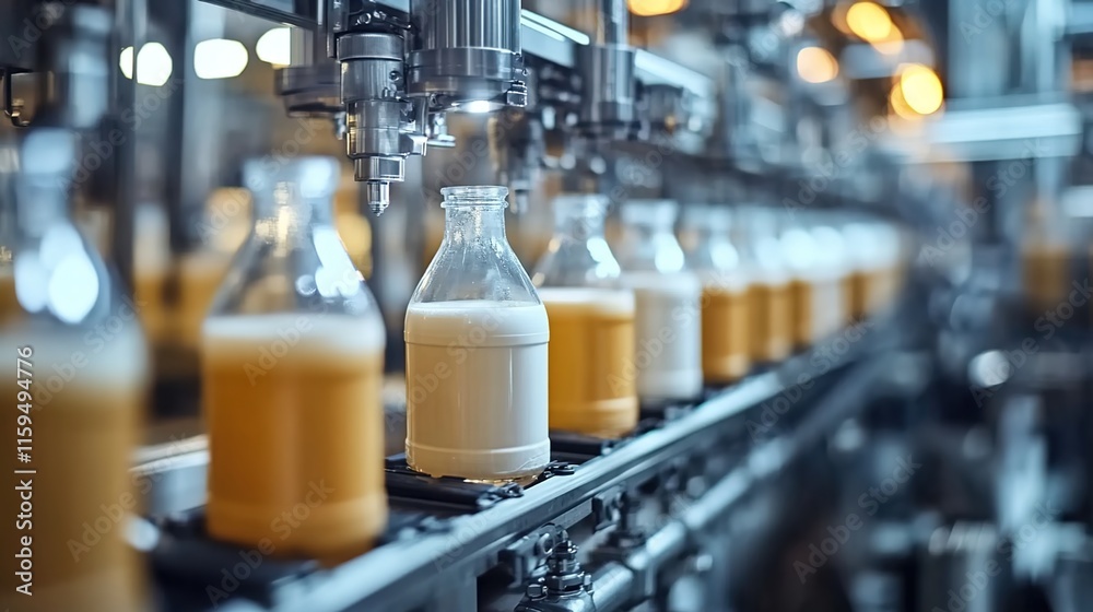 Close-up of milk bottles on the production line in a modern factory Close-up of milk bottles on the production line in a modern factory