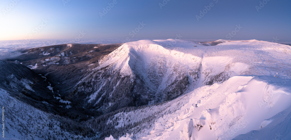 view on valley Obri Dul at dawn in Giant mountains during winter in Czech republic