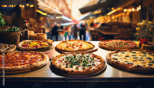 Many topping type of pizza on desk, street stall, street food in market place displayed photo