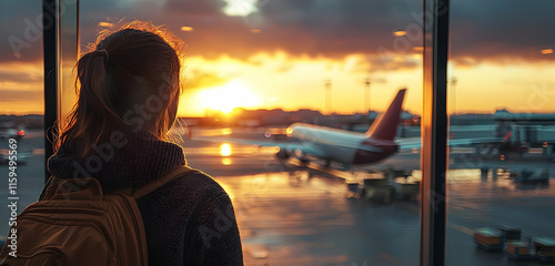 A contemplative scene at an airport with a woman watching the planes at sunset, emphasizing the emotional connection between travel and the anticipation of the journey ahead in a peaceful setting.