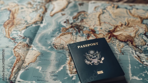 Passport on world map for international travel planning photo