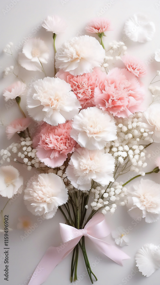 Small delicate pink and white carnations caught in an elegant bouquet on a white background Small delicate pink and white carnations caught in an elegant bouquet on a white background