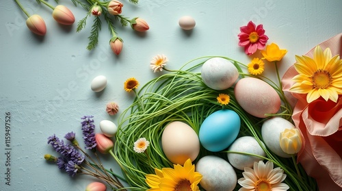 Pastel Easter Eggs Nestled in Spring Flowers: A Delicate Springtime Arrangement