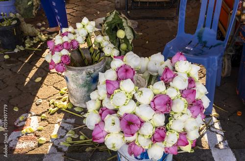 lotus flowers for offerings at the Preah Ang Dorngkeu Shrine landmark on sisowath quay in Phnom Penh photo