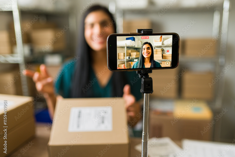 Hispanic woman streaming a live video on social media using a smartphone and a selfie stick while working in a warehouse