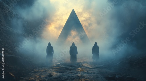 Three people are standing in front of a pyramid in a foggy
