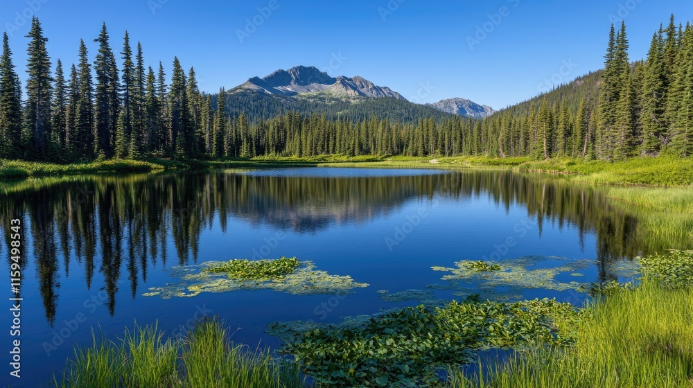 Serene mountain lake reflecting trees and peaks Serene mountain lake reflecting trees and peaks