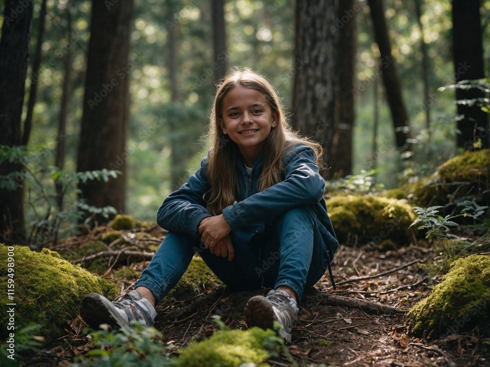 Smiling girl sitting in a green forest surrounded by mossy trees Smiling girl sitting in a green forest surrounded by mossy trees