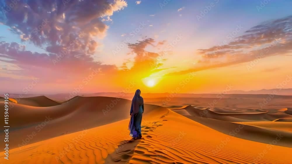 Solitary figure walking across expansive sand dunes at sunset, casting long shadows. Solitary figure walking across expansive sand dunes at sunset, casting long shadows.