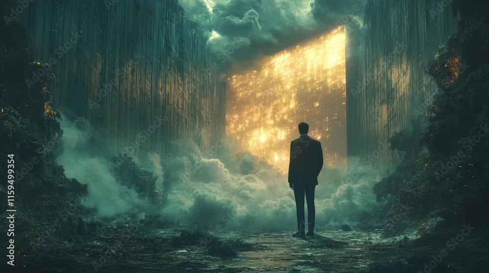 Fototapeta premium A man stands in front of a large, glowing, open doorway in a dark