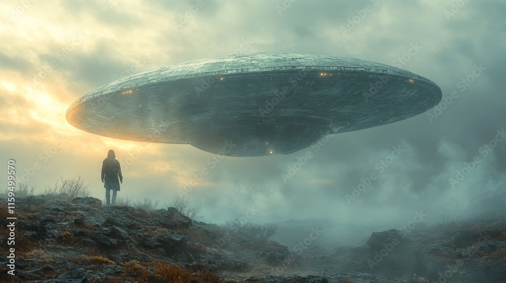 Obraz premium A man stands on a hill looking up at a large, alien-like object in the sky