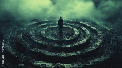A man stands in the middle of a large circle of water