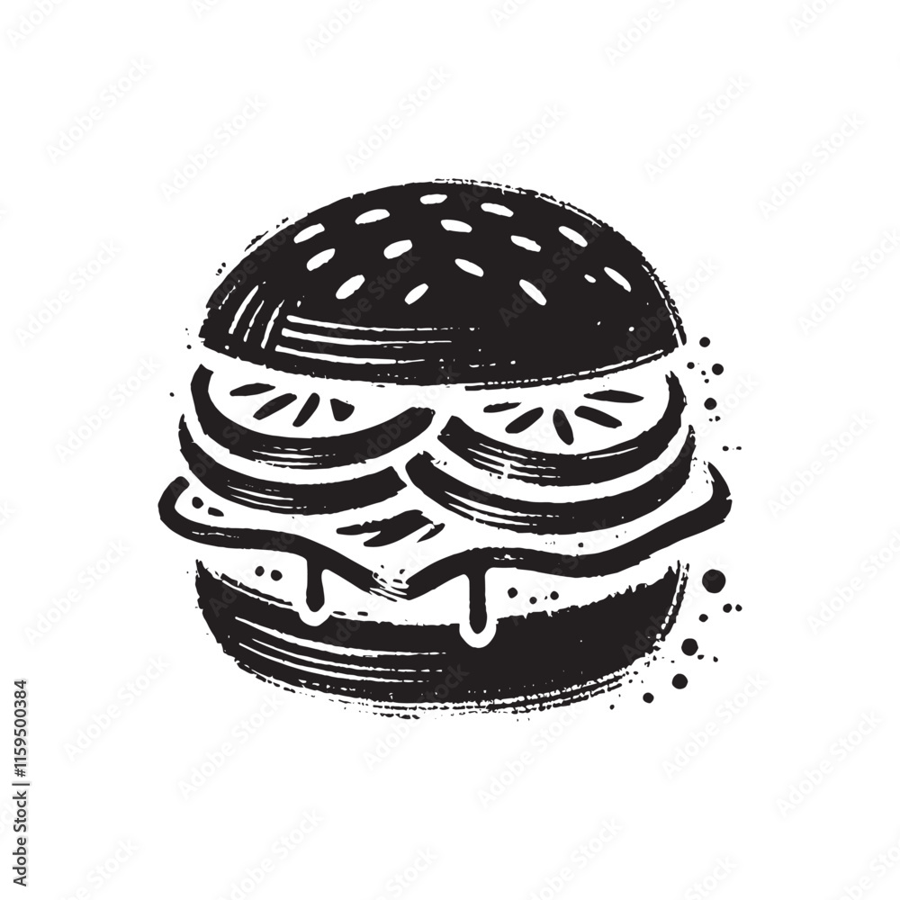 Grunge black and white brush sketch of a hamburger with artistic texture