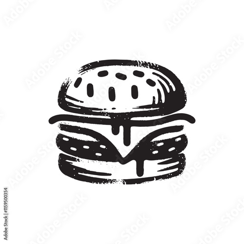 Grunge black and white brush sketch of a hamburger with artistic texture