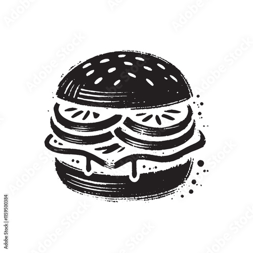 Grunge black and white brush sketch of a hamburger with artistic texture