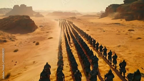 Aerial view of a large army marching across a vast desert landscape under a bright sun.