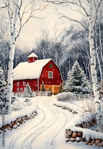 A classic red barn surrounded by snow and trees, creating a picturesque winter scene evoking warmth, festivity, and rustic charm of the countryside.