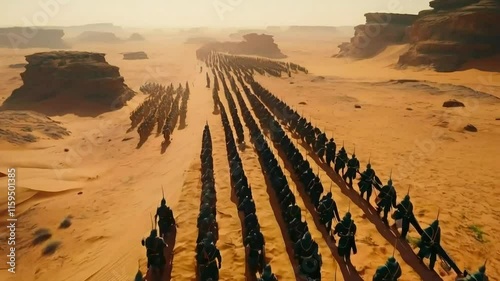 Aerial view of an army marching across a vast desert landscape under a hazy sun.