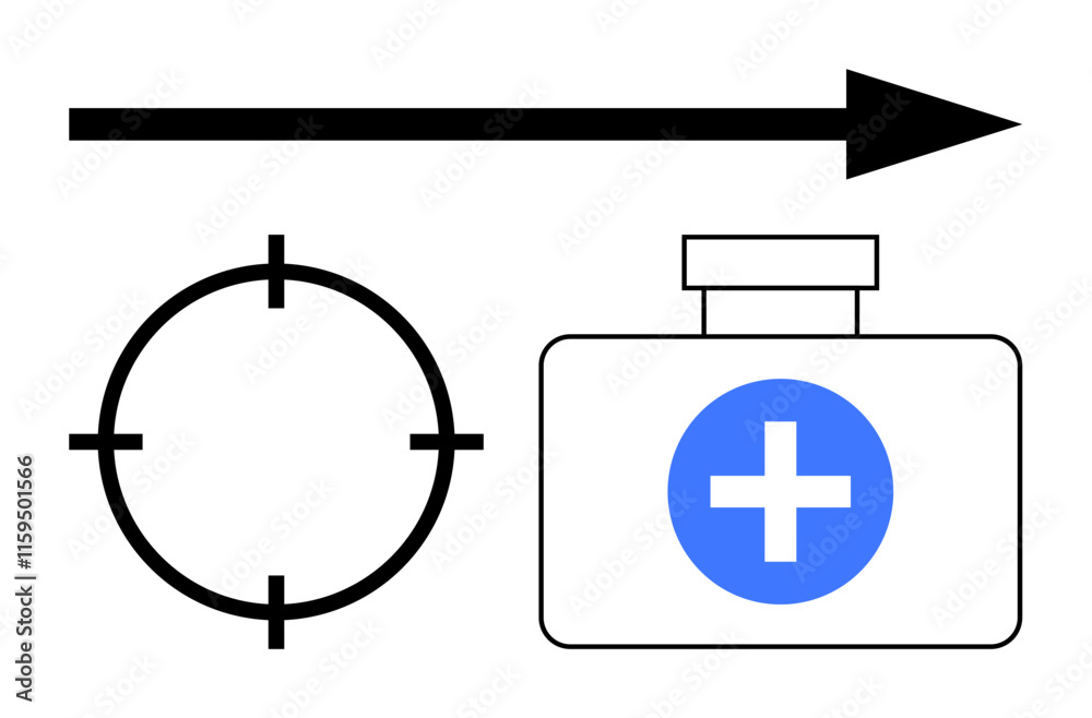 Crosshair targeting symbol and arrow pointing towards a medicine bottle with a blue cross sign. Ideal for health goals, precision medicine, medical progress, healthcare targets, treatment efficiency Crosshair targeting symbol and arrow pointing towards a medicine bottle with a blue cross sign. Ideal for health goals, precision medicine, medical progress, healthcare targets, treatment efficiency