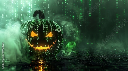 A glowing jack-o'-lantern with a menacing grin, covered in binary code, emerges from misty, green-hued surroundings. A perfect blend of Halloween and digital themes
