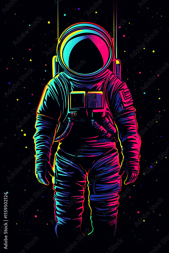 Fototapeta premium A vibrant, neon-colored astronaut stands in a starry space background.