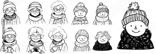 Collection of hand-drawn black and white portraits of old women dressed in winter attire or outfit