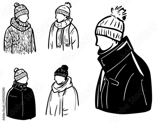 Hand-drawn black and white portraits of young boy or men dressed in winter attire or outfit illustration set