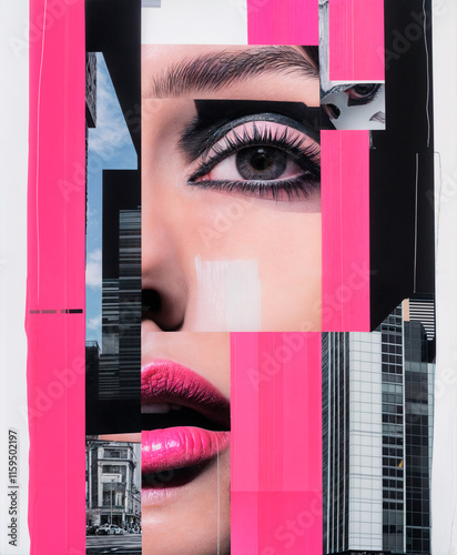 Close-up collage of a woman's eye and lips blended with urban architecture and vibrant pink accents, symbolizing beauty, consumerism and fashion photo