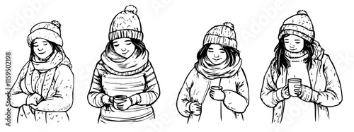 hand-drawn black and white portraits of young girls or women dressed in winter attire or outfits, illustration collection