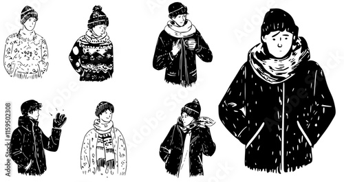 Collection of hand-drawn black and white portraits of men dressed in winter attire or outfit