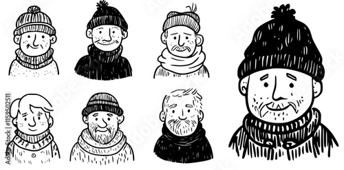 hand-drawn black and white portraits of old men dressed in winter attire or outfit, Illustration set collection