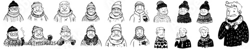 Collection of hand-drawn black and white portraits of old men dressed in winter attire or outfit