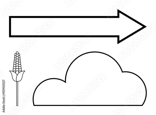 Bold outlined arrow pointing right, corn plant, and cloud. Ideal for educational materials, storytelling, children s activities, nature themes, agriculture weather concepts creative projects. Line