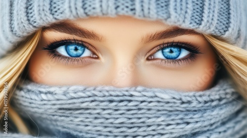 An intense gaze from bright blue eyes emerges above a snug gray scarf, imparting a sense of mystery and introspection in a cold winter ambiance.