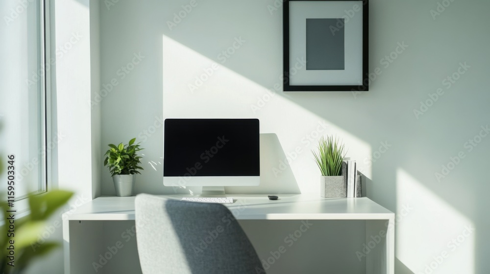 Elegant minimalist home office with minimal decor. Featuring clean lines and a functional design Elegant minimalist home office with minimal decor. Featuring clean lines and a functional design
