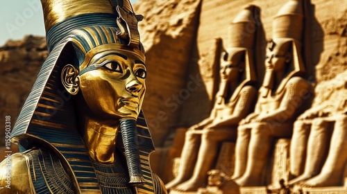 A golden Pharaoh statue elegantly stands against a backdrop of iconic ancient Egyptian architecture, symbolizing power and cultural heritage.