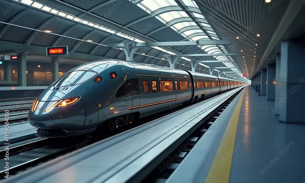 Modern High-Speed Train Station: Capture the Essence of Advanced Transportation Technology in a Sleek, Silver Bullet Train Modern High-Speed Train Station: Capture the Essence of Advanced Transportation Technology in a Sleek, Silver Bullet Train