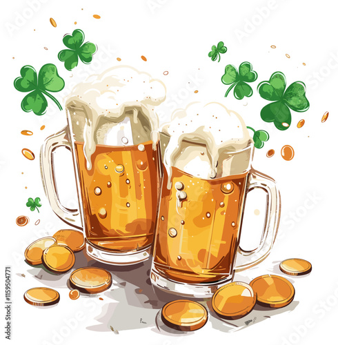 Two beer mugs with shamrock, Saint Patrick's conceptual illustration vector