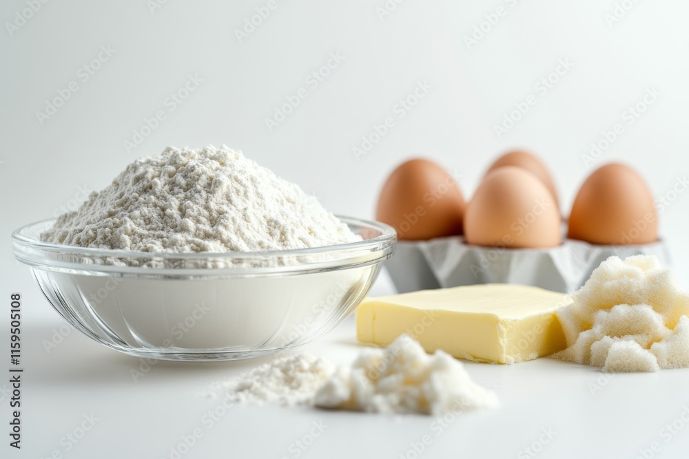 A collection of baking essentials showcases bowls of flour, fresh eggs, a block of butter, and granulated sugar, highlighting the foundation of delicious homemade treats. A collection of baking essentials showcases bowls of flour, fresh eggs, a block of butter, and granulated sugar, highlighting the foundation of delicious homemade treats.