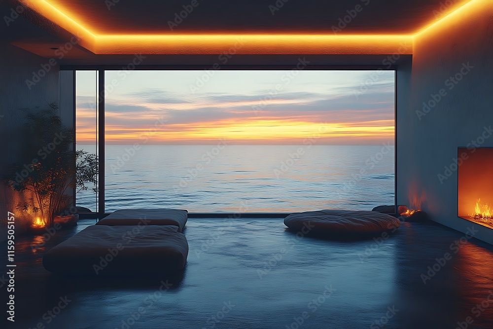 Sunset ocean view from minimalist room. Sunset ocean view from minimalist room.
