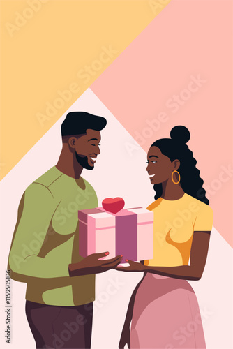 Black couple exchanging gifts for Valentine's Day. Vector illustration