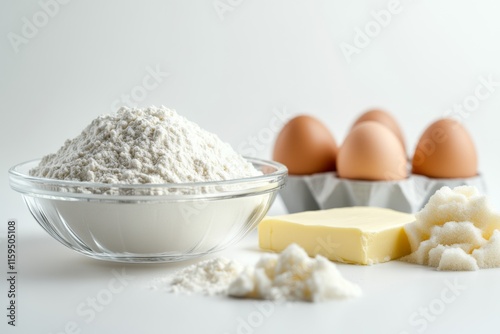 A collection of baking essentials showcases bowls of flour, fresh eggs, a block of butter, and granulated sugar, highlighting the foundation of delicious homemade treats.