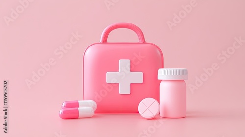 Pink First Aid Kit with Pills and Medicine Bottle